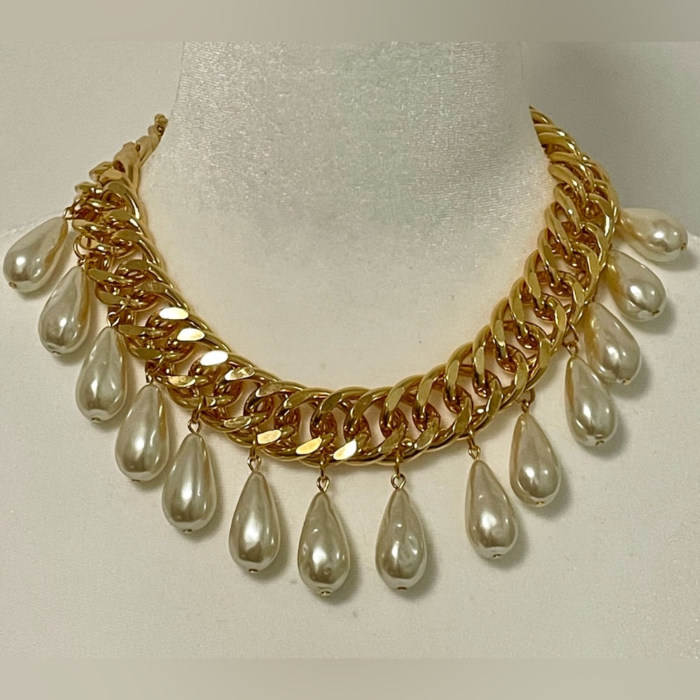Vintage IVANA TRUMP Necklace Collar Gold Plated Chain Pearl Dangles 1980 Chunky